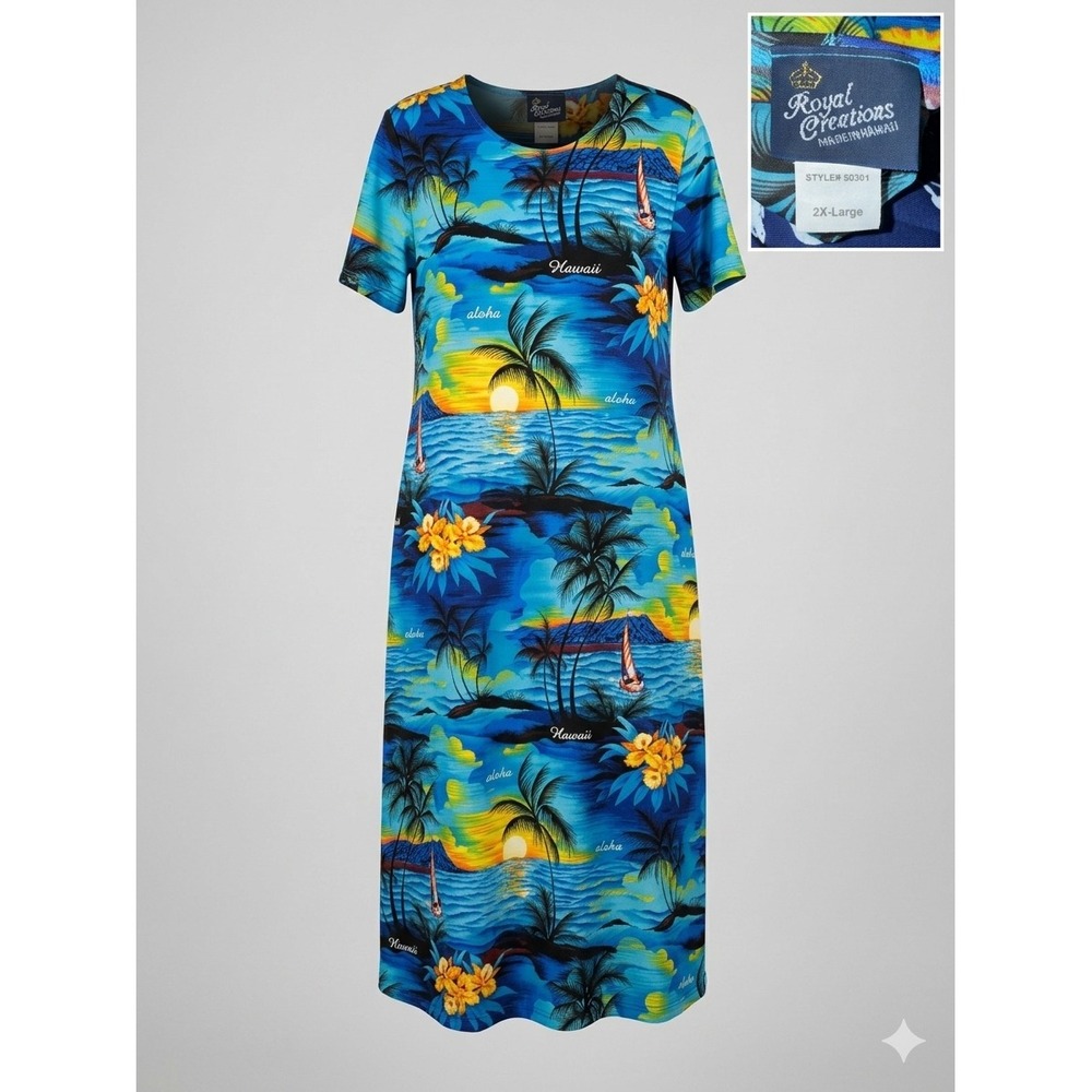 Royal Creations Hawaii Womens 2XL Tropical Sunset Maxi Dress Blue Style 50301
